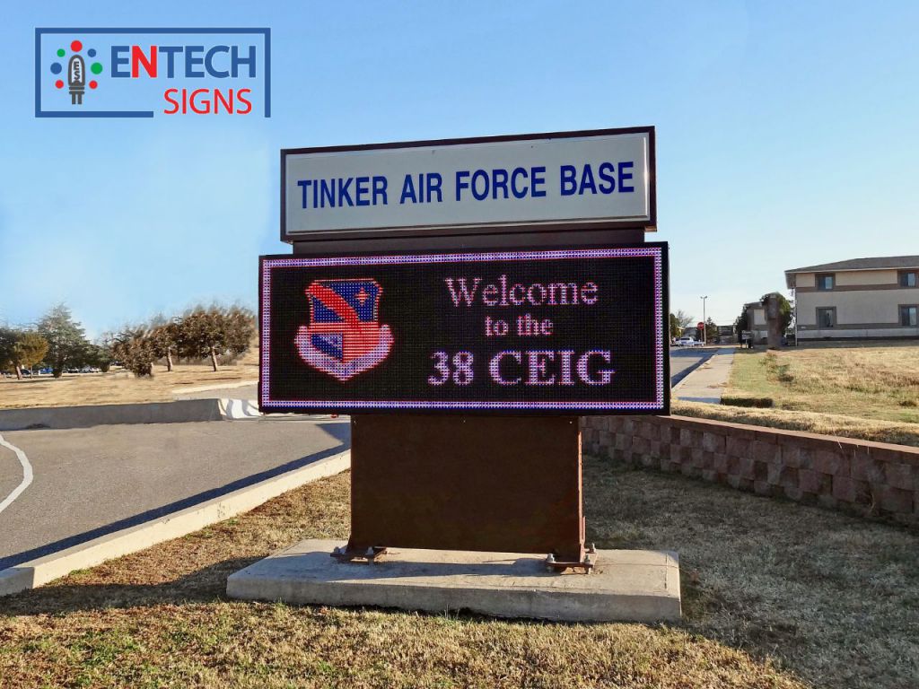 LED Signs make a statement by greeting Visitors and Important Guest at Airforce Bases!  Show Base Pride and Spirit with a Digital Marquee Sign!
